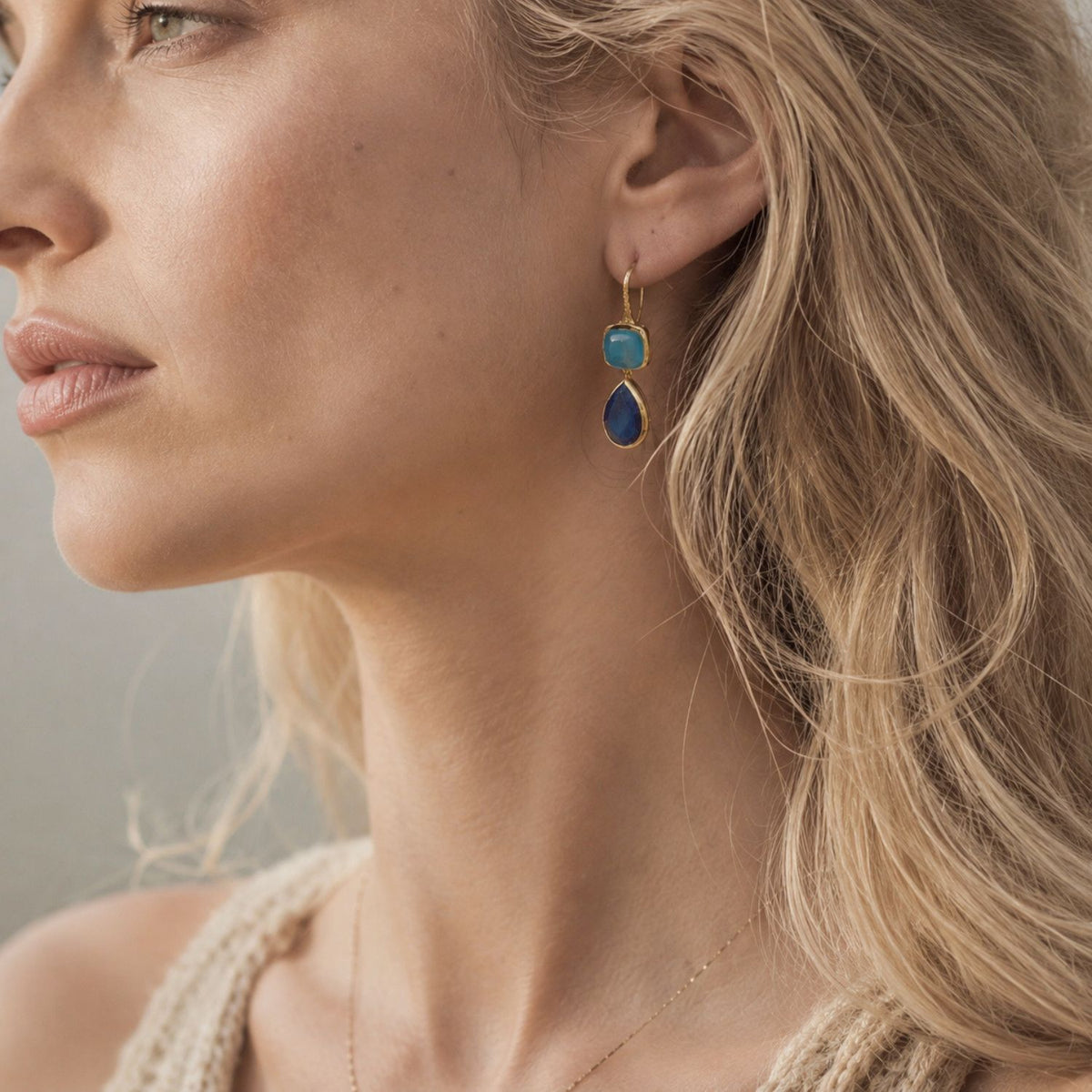 Charis Double Gemstone Earrings Blue Chalcedony & Blue Jade