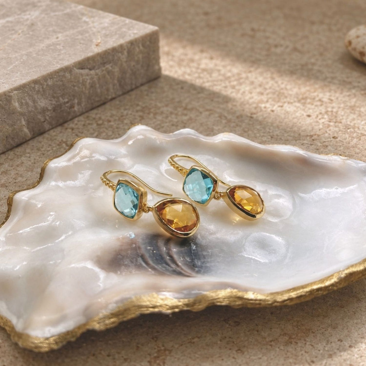 Charis Double Gemstone Earrings Blue Topaz & Citrine