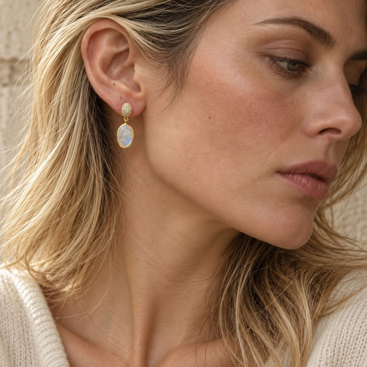 Scintilla Pavé Gemstone Drop Earrings Moonstone, Cubic zirconia