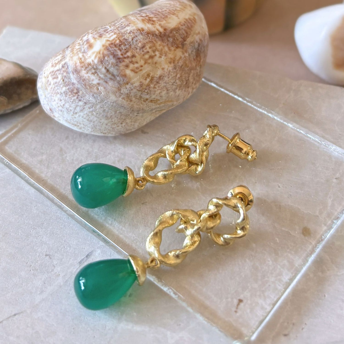 Moirai Double Twisted Loops Earrings Green Onyx