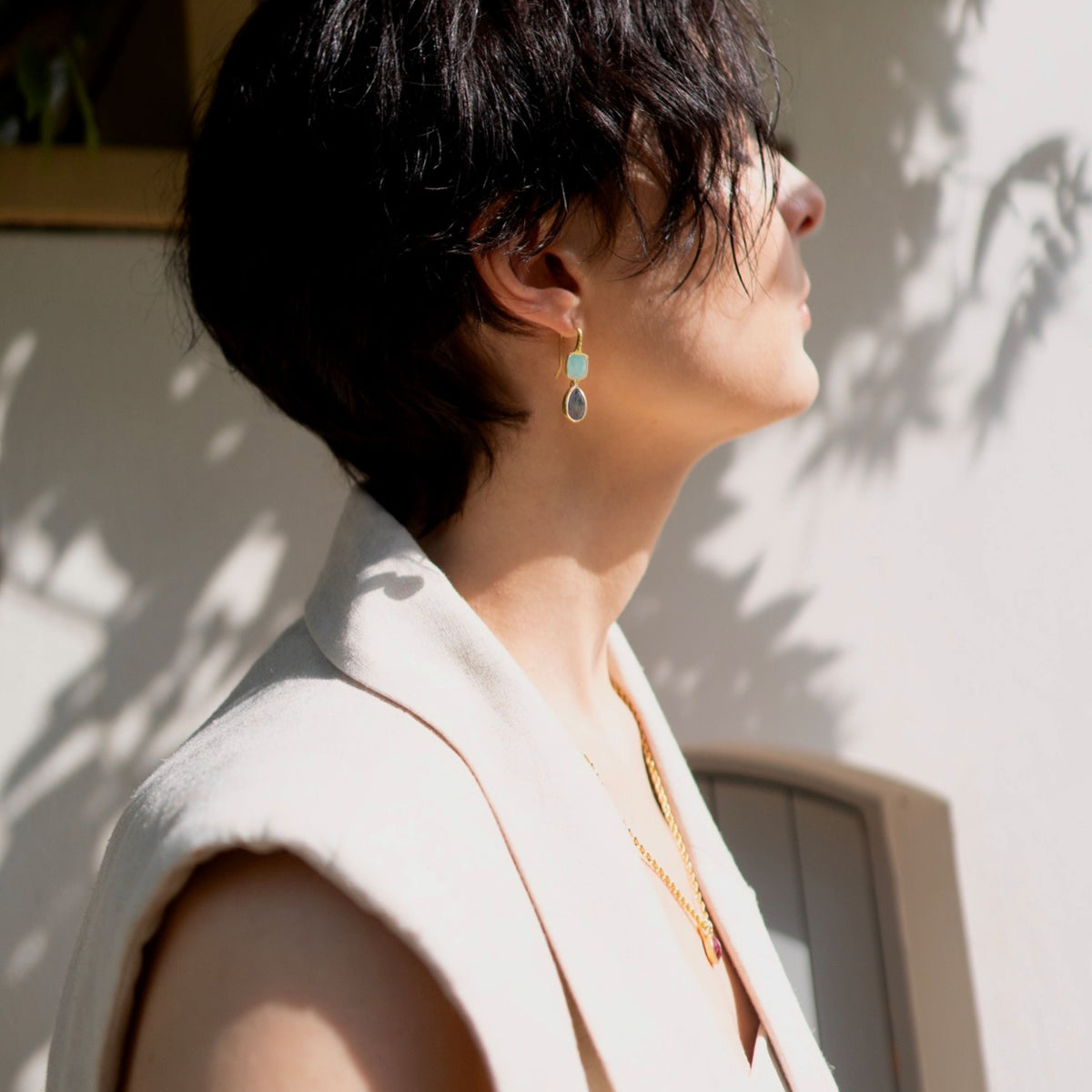 Charis Double Gemstone Earrings Aqua Onyx & Labradorite