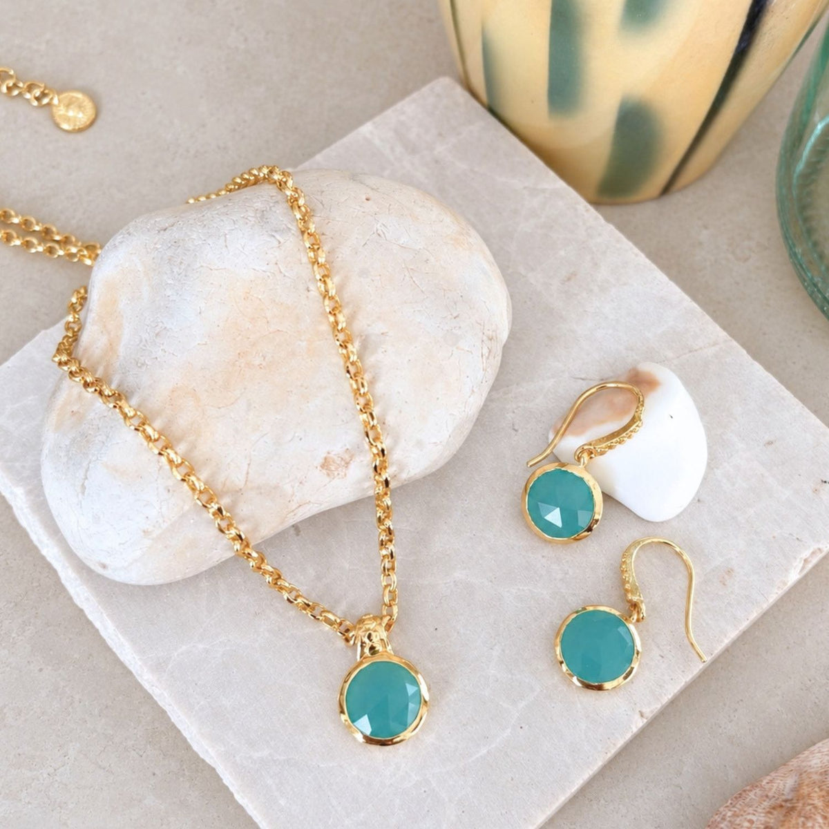 Charis Round Gemstone Necklace Aqua Onyx