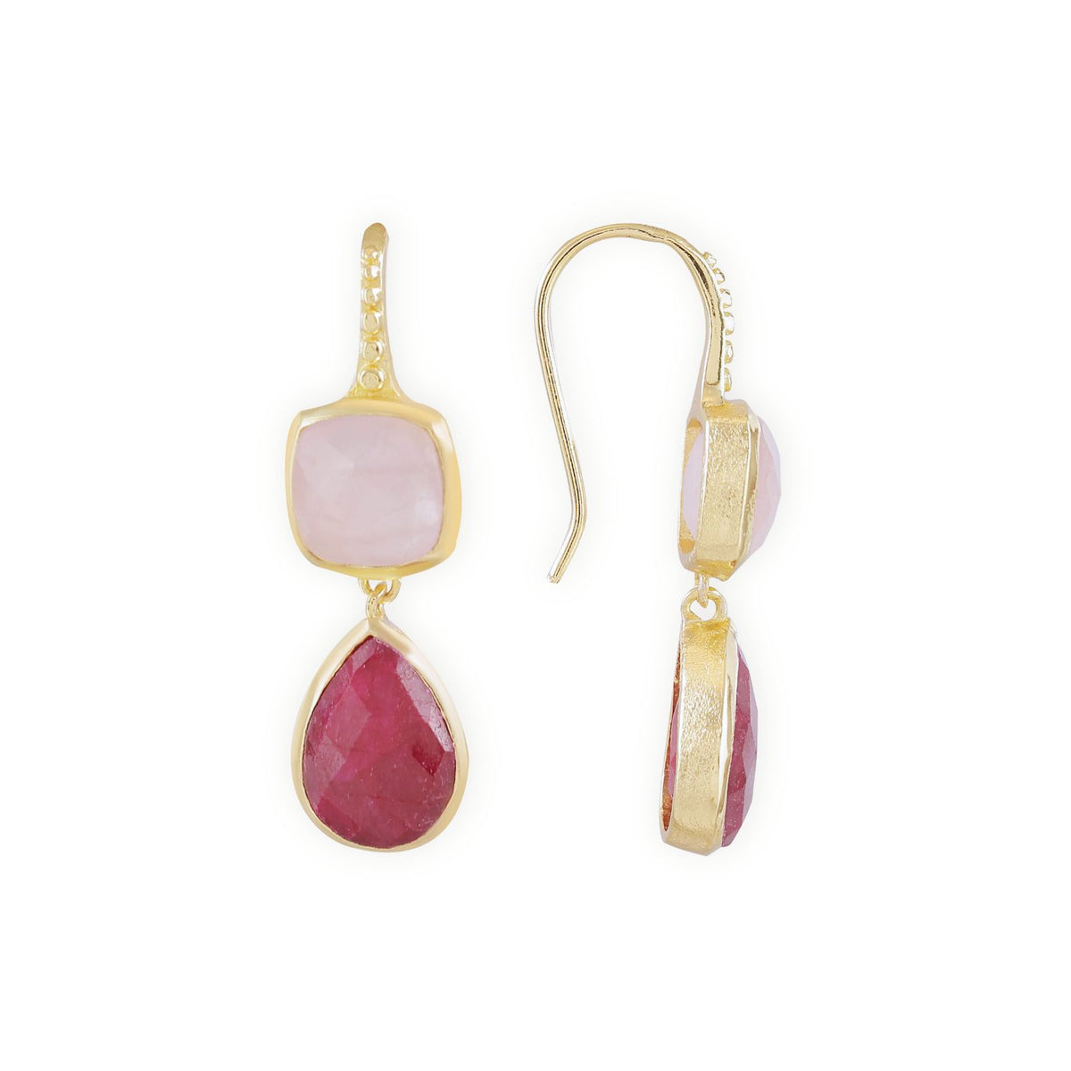 Charis Double Gemstone Earrings Rose Quartz & Ruby