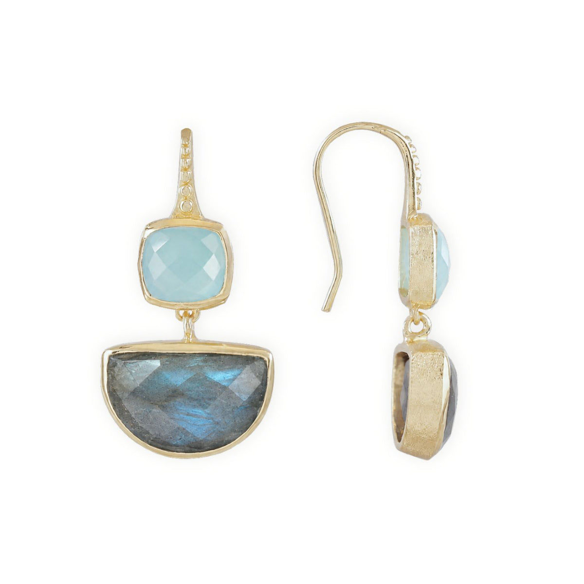 Charis Halfmoon Double Gemstone Earrings Aqua Onyx & Labradorite
