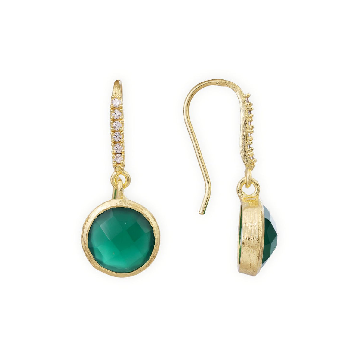 Charis Round Gemstone Earrings Green Onyx, Front CZ Hooks