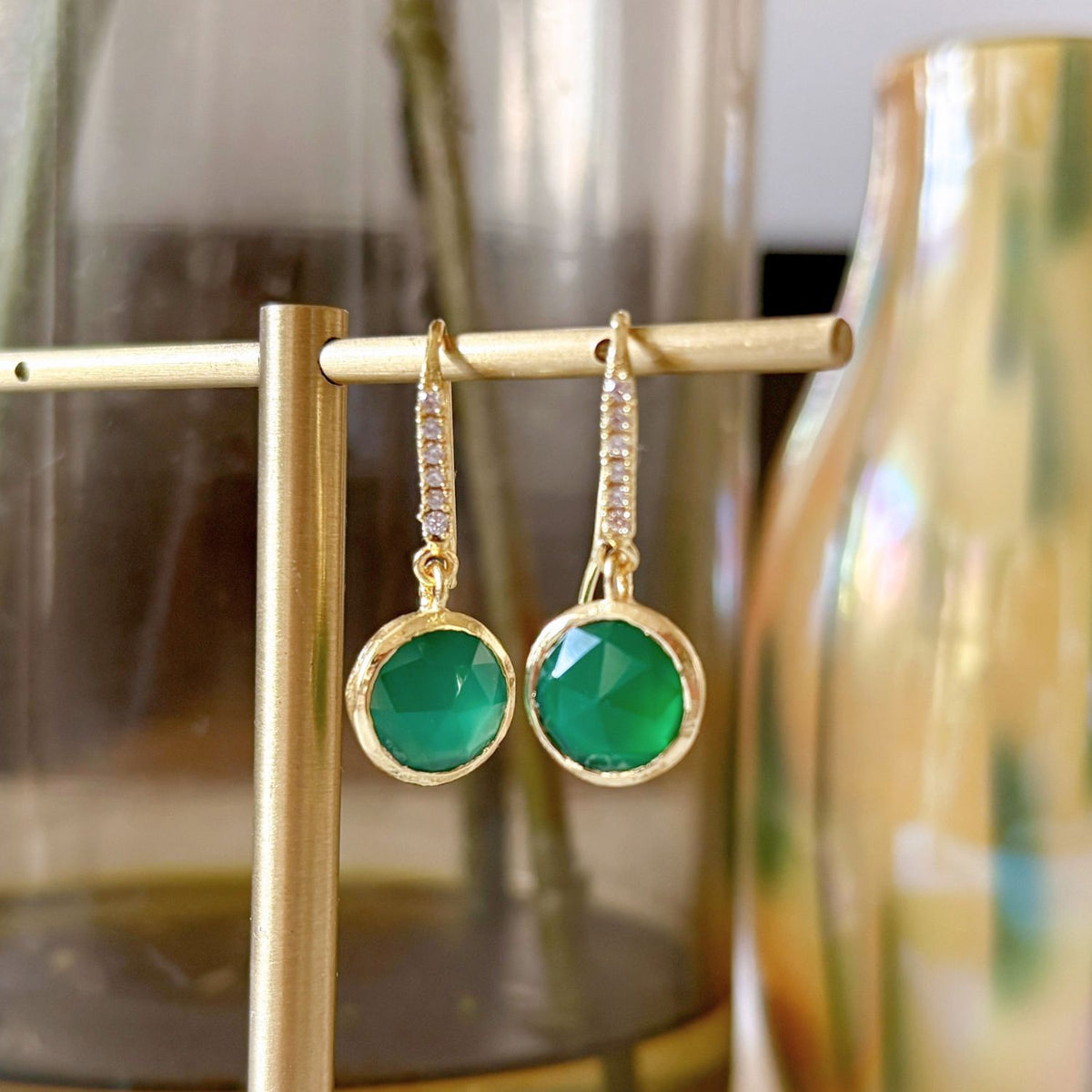 Charis Round Gemstone Earrings Green Onyx, Front CZ Hooks