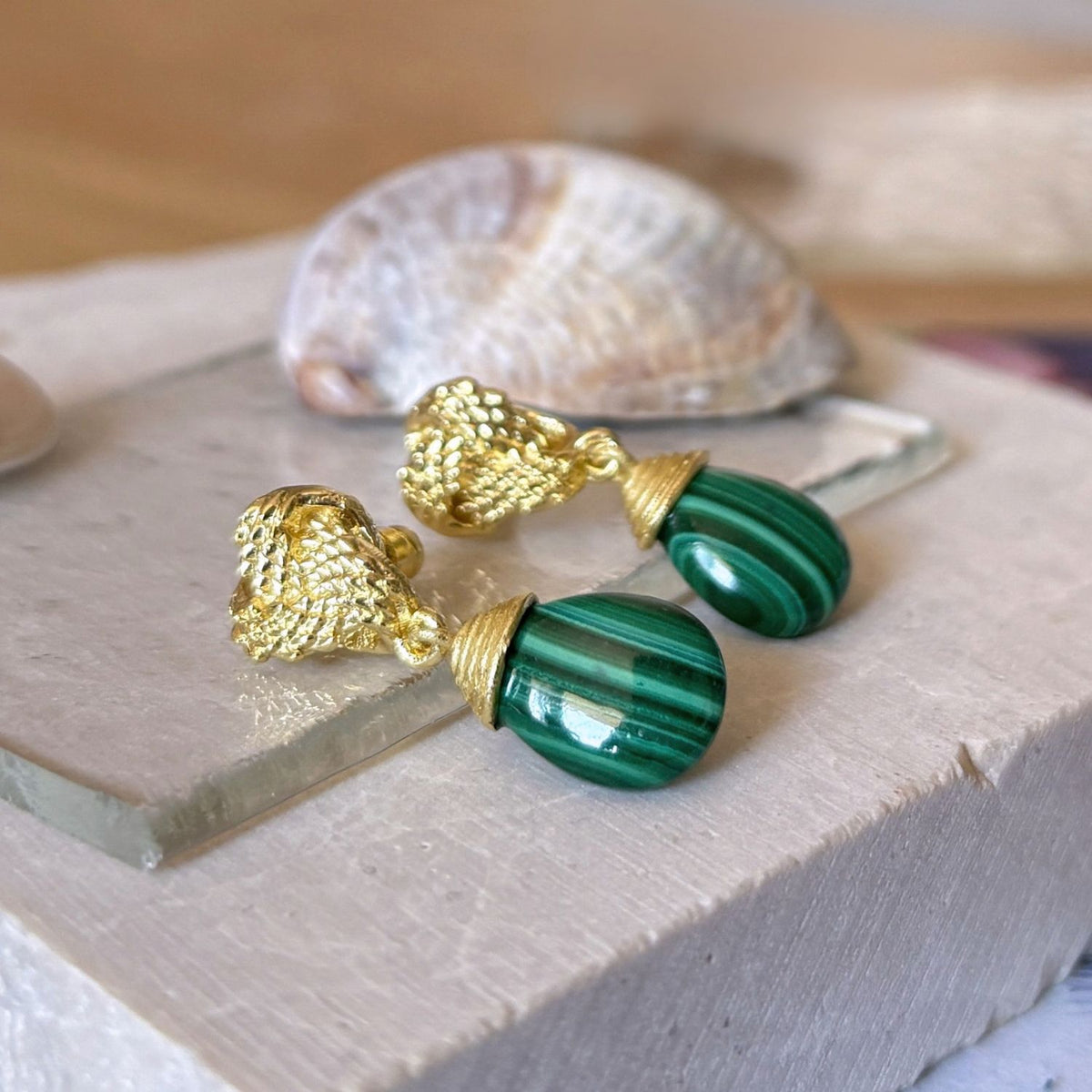 Knot Drop Gemstone Earrings Malachite