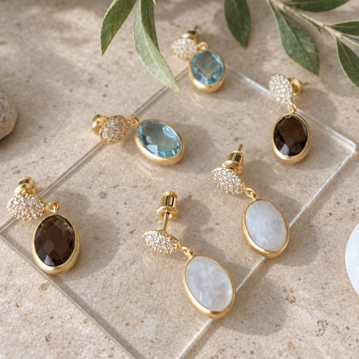 Scintilla Pavé Gemstone Drop Earrings Moonstone, Cubic zirconia