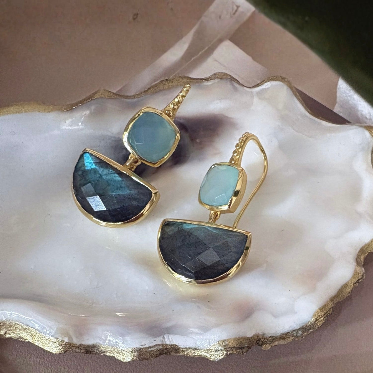 Charis Halfmoon Double Gemstone Earrings Aqua Onyx & Labradorite
